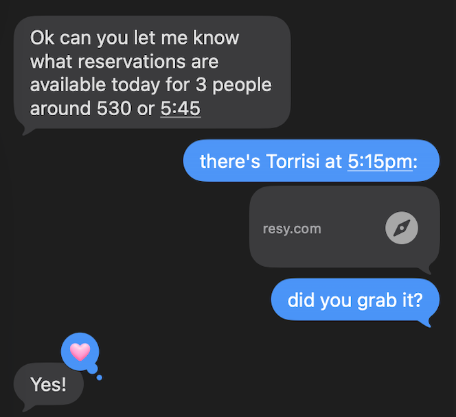 Torrisi reservation conversation screenshot 1
