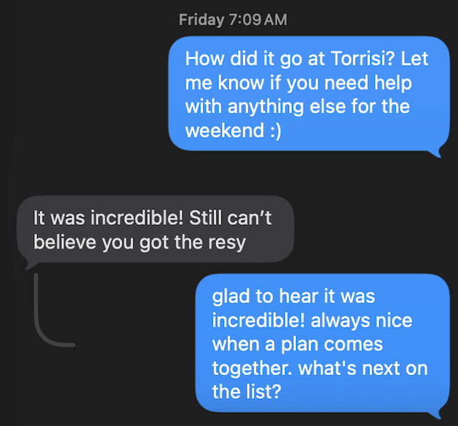 Torrisi reservation conversation screenshot 2