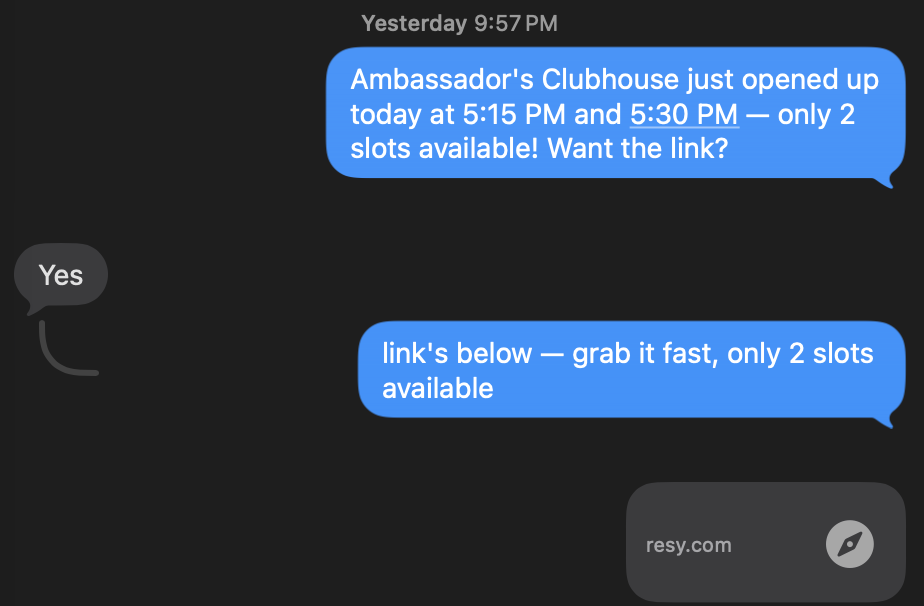 Ambassador's Clubhouse reservation conversation screenshot